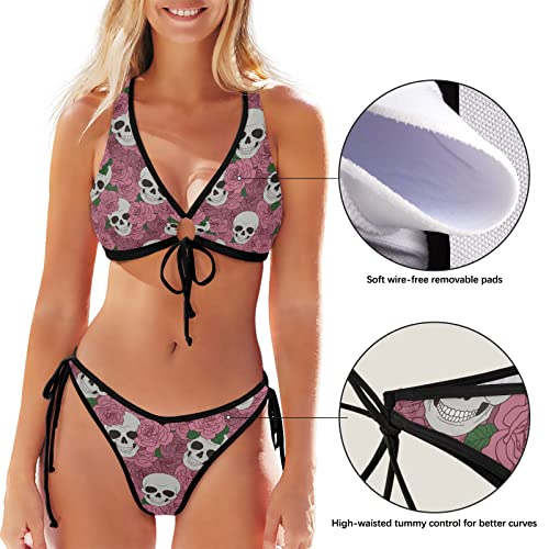 Ensemble bikini à nouer motif Crânes 096 rose avec haut triangle réglable - 5