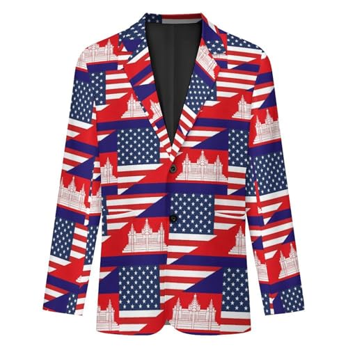 U.S. and Cambodia Flag Mens Suit Jacket Lapel Blazers V Neck Button Business Coat Tuxedo for Wedding Party4