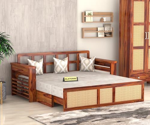 Image of Solid Sheesham Wood Sofa Cum Bed with Cane Rattan Design | Convertible Sofa Bed for Living Room & Bedroom (Honey Finish)