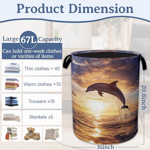 Image of Dolphins Laundry Basket,Foldable Oxford Cloth Sunset Laundry Hamper With Handle, 20.8 inchx16 inch Portable Clothes Storage Basket Bag for Laundry Room /Bathroom /Bedroom /Dormitories