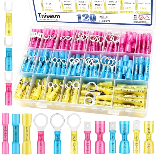 Tnisesm 120Pcs Heat Shrink Wire Connectors, Waterproof Insulated Automotive Marine Electrical Terminals Kit, Crimp Connector Assortment, Ring Fork Spade Splices