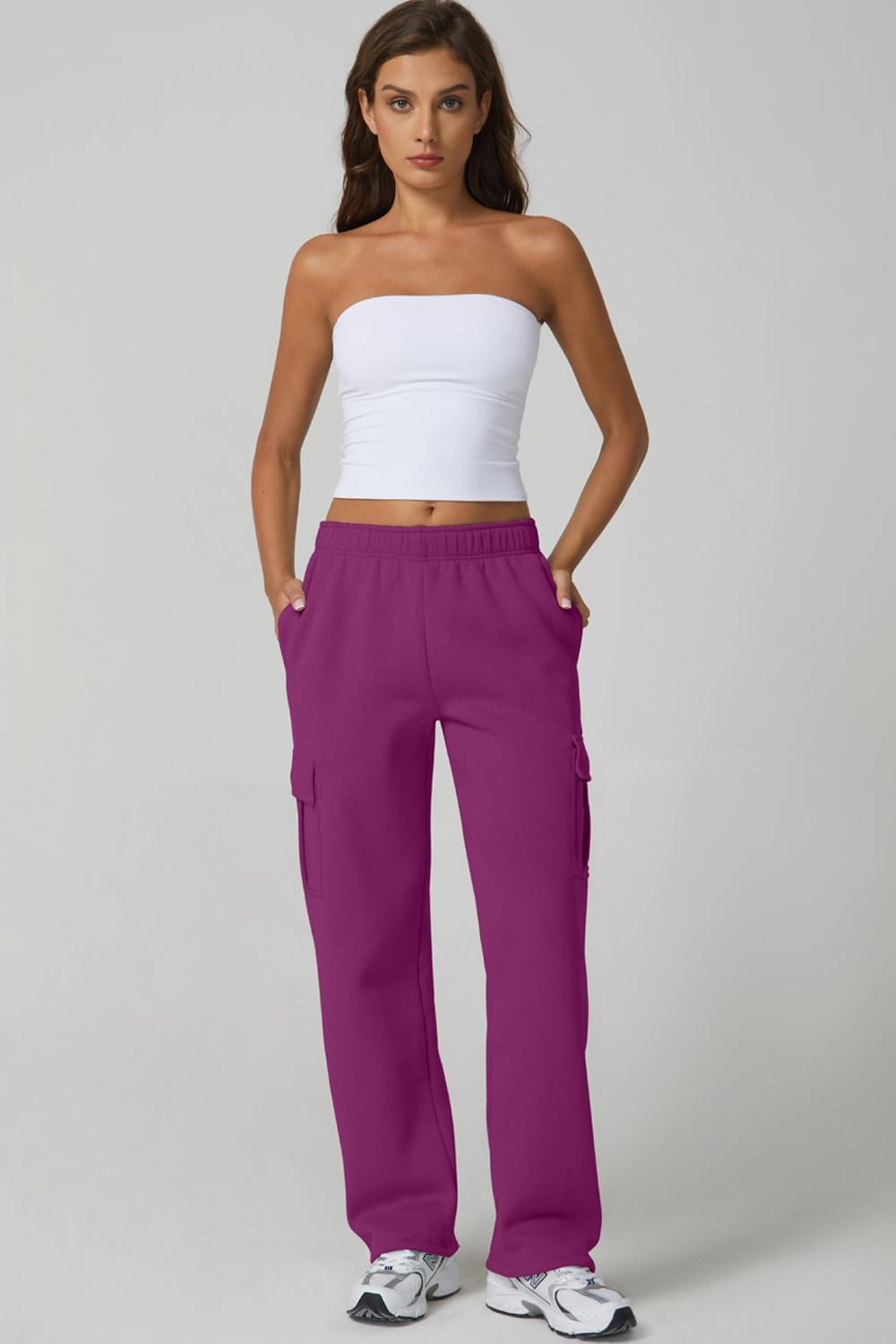 QINSEN Womens Medium Waist Baggy Elastic Waist Sweatpants Casual Fleece Long Pants with Pockets - Image 3