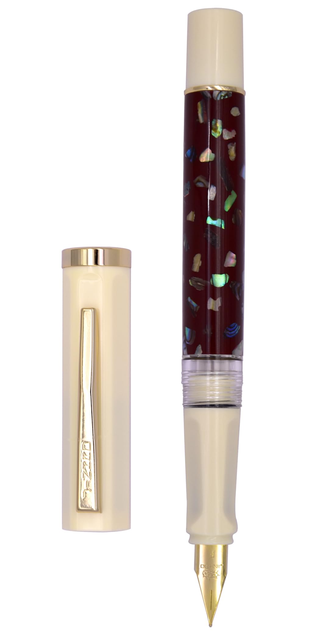 XIAOYU Retro Jinhao 58 Fountain Pen, Unique Sea Shell Inlay Design, Gold Trim with Ink Converter, Iridium Fine Nib(0.5mm), Ivory White(Red Shell)