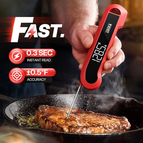 0.3 Sec Instant Read Thermometer for Cooking, IP67 Waterproof, Auto-Rotating Backlit Display, Red
