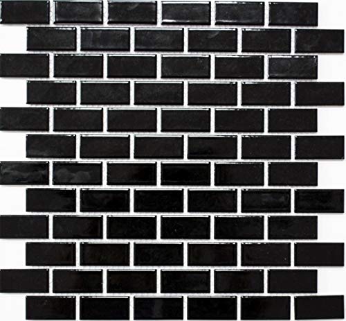 Mosaico azulejos cerámica Brick negro brillante cocina pared posterior protección contra salpicaduras MOS24-4BG_f