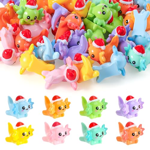GSrenyu 40 Pcs Mini Axolotl Figures Christmas Resin Axolotl with Santa Hats Colorful Mini Resin Animals Miniature Figures for Christmas Party Bag Fillers Garden Landscape Dollhouse Aquarium Decor