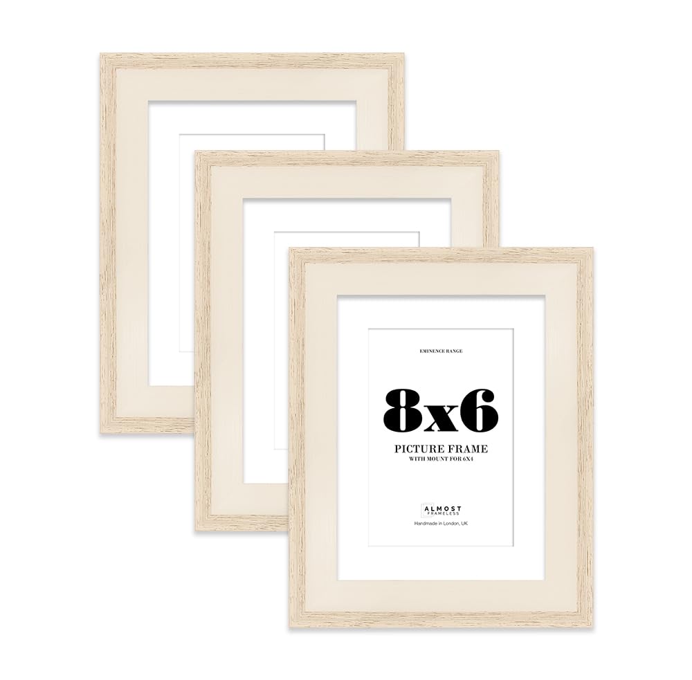 8x6" Oak Picture Frame with 6x4" Mount - Shabby Chic Photo Frame with Distressed Finish, Wall Hooks and Kickstand, 32mm Edge - 3 Pack