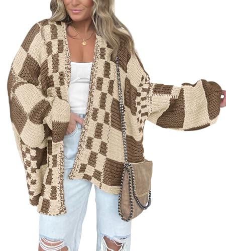 Image of BTFBM Casual Cardigan Sweater for Women Fall 2026 Long Sleeve Open Front Chunky Knit Sweaters Checkered Outwear Coat