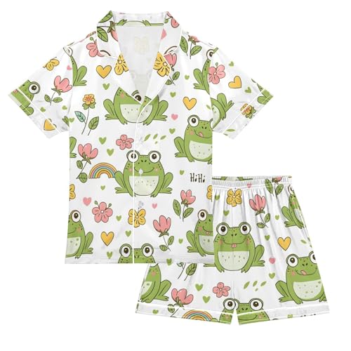 ALAZA Cute Frog Line Blossom Pajamas Satin Pajama Set Short Sleeve Button Down Sleepwear