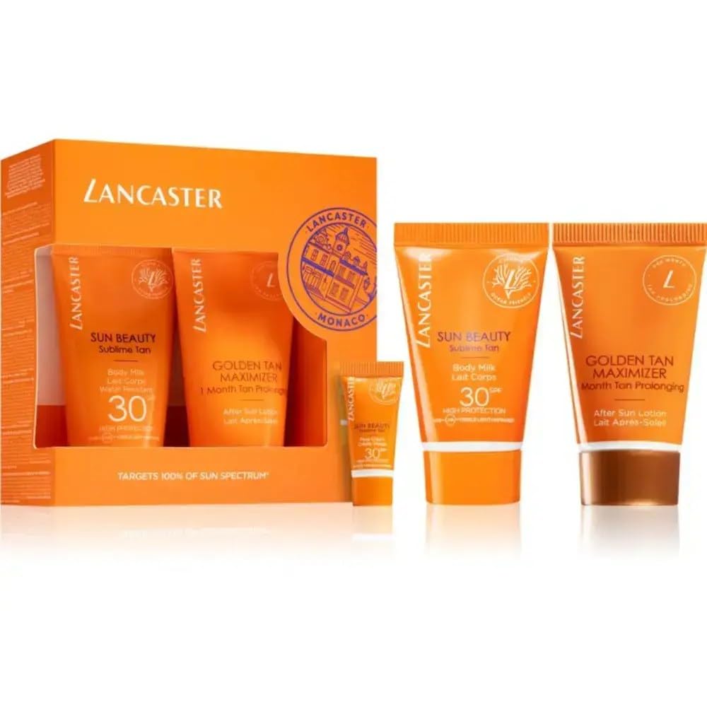 LANCASTER Sun Beauty Gift Set Sun Beauty Body Milk Spf30 + After Sun Golden Maximiser + Sun Beauty Face Cream Spf3, für Damen und Herren, ideal für tägliche Pflege, mit 50 ml