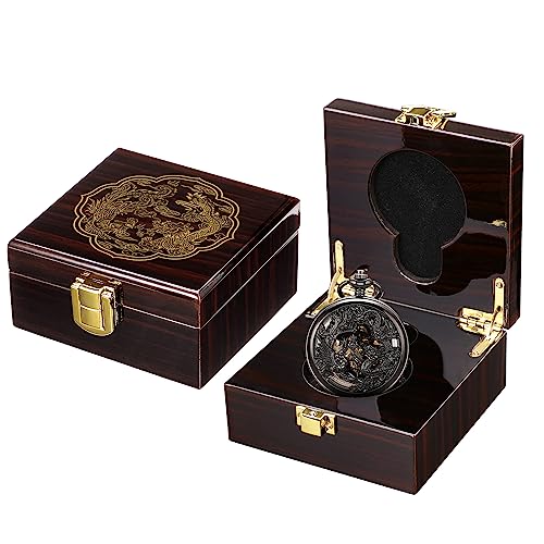 Image of SIBOSUN Mechanical Pocket Watches Mens Lucky Phoenix and Dragon Skeleton Pocket Watch Black Antique Roman Numerals Box