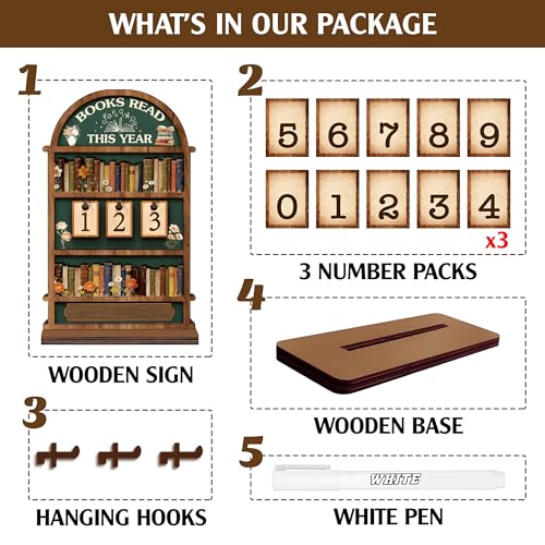 Books Read This Year Tracker Sign – Wooden Reading Counter Shelf Decor, Thoughtful for Book Lovers, Readers, Book Club Members & Bookworms, Includes 3 Cute Bookmarks (Books Read This Year 2) - Image 3