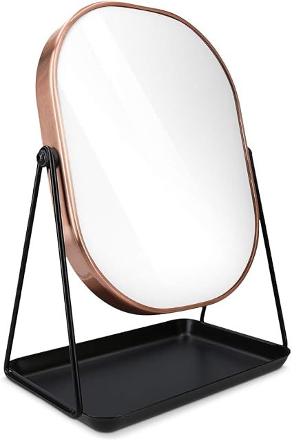 Navaris Free Standing Makeup Mirror - Large Cosmetic Vanity Mirror for Bathroom, Dressing Room, Bedroom Table or Desk with Large Tray Stand - Copper