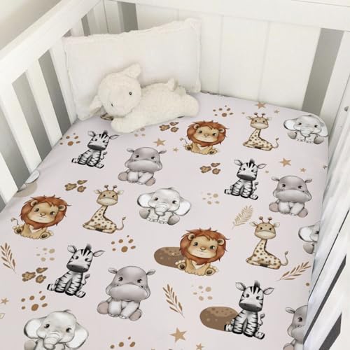 Image of Baby African Jungle Safari Animals Baby Crib Sheet 52''x28'' Lion Zebra Elephant Hippo Giraffe Stars Fitted Crib Mattress Sheet for Boy Girl Bed Sheets for Standard Crib and Toddler Mattress