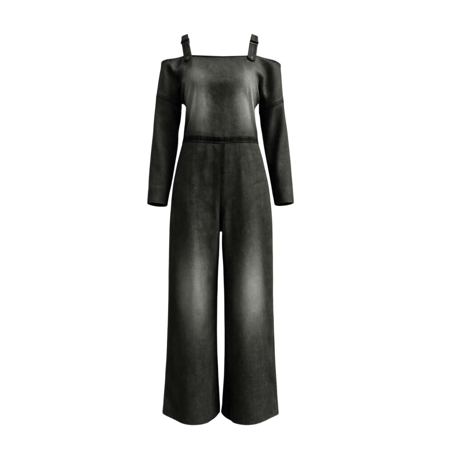 Combinaisons en jean pour femme - Salopette en denim délavé - Manches longues - Épaules dénudées - Combinaison décontractée - Jambes larges - Coupe ample - Body baggy avec poches