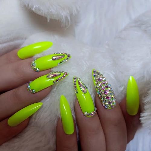 Zybuxy Light Green Press On Nails Luxury Gem Crystal Diamond False Nails Long Stiletto Stick Fake Nails 24Pcs Wedding Nails For Bride #TOP2