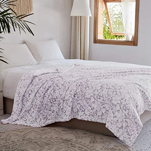Fy Fiber House Flannel Fleece Throw Blanket Super Soft Lightweight Microfiber With Flower Print For Couch, 60"X80", Lavender #TOP2