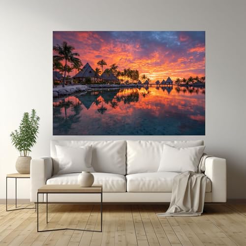 Impression sur toile coucher de soleil ville balnéaire posters salon orange