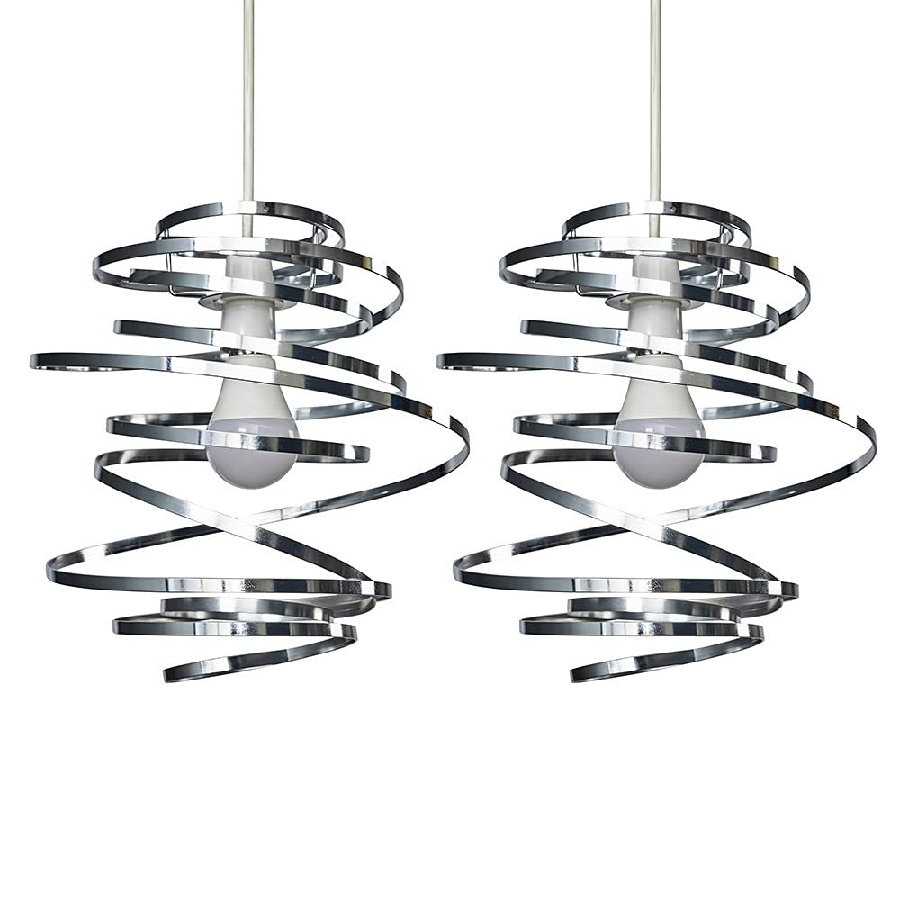 MiniSun | Contemporary Silver Chrome Metal Double Ribbon Spiral Swirl Ceiling Light Shades | Pendant Lights, Home Décor & Improvement Essential | Set of 2 | 30cm Shade Width