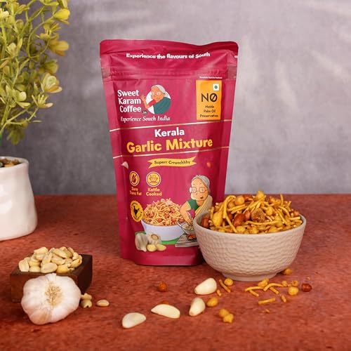 Image of Sweet Karam Coffee Kerala Garlic Mixture - Pack of 4 (95g each) | Crispy South Indian Snack | No Palm Oil or Preservatives | Bold & Spicy Flavor | Authentic Homestyle Tea-Time Mixture