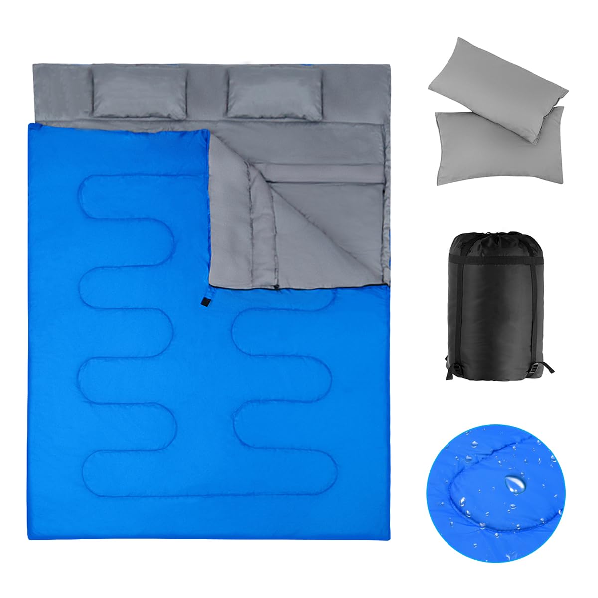 SOARS Sac de couchage double pour 2 personnes, avec 2 oreillers et sac de transport, imperméable, pour adulte, pour camping, randonnée, voyage