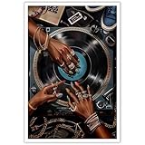 ZHGYGBN DJ Hands & Vinyl Record Wall Art - Abstract Street Style Canvas Print with Jewelry Details, Music Room Decor, Unframed 16x24 Inch