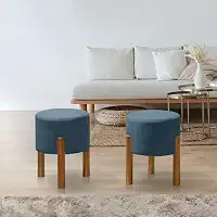 PC Móveis – Kit 2 Puff Redondo Luxo Decorativo em Linho ou Suede – Sala, Quarto e Escritório (Linho, Azul)