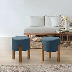 PC Móveis – Kit 2 Puff Redondo Luxo Decorativo em Linho ou Suede – Sala, Quarto e Escritório (Linho, Azul)