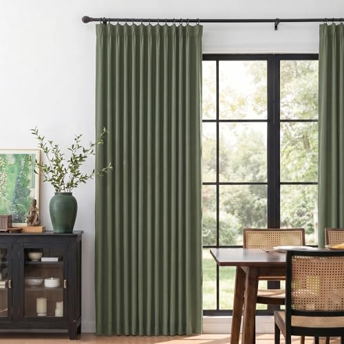 Image of MYSKY HOME Olive Green Pinch Pleated 100% Blackout Curtains 90 inches Long for Bedroom Living Room Dark Green Linen Textured Double Layer Black Out Pinch Pleat Drapes, 40 inch Wide per Panel, 2 Pcs