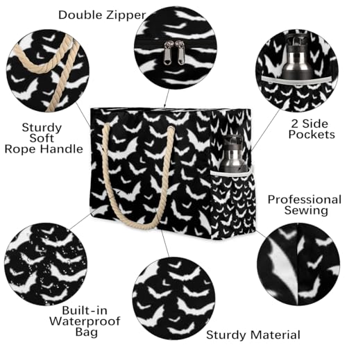 Halloween Goth Bat Beach Bags for Women Large Beach Tote Waterproof Sandproof Large Tote Bag Swim Pool Bags3