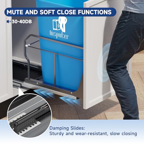 Image of Insputer Pull Out Trash Can Under Cabinet with Push to Open Slide, Grey | Soft-Close Slide, Heavy Duty, Not Included Bin, Under Sink Garbage Can Kit for Kitchen, Laundry, Requires 15 inchW X 18 inchD Cabinet