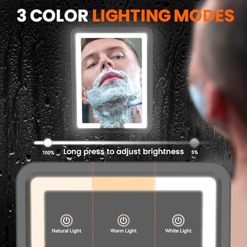 Image of Heated Shower Mirror Fogless for Shaving with 3-Color Dimmable LED Lights, Rechargeable, 360 Degree Adjustable, Drill-Free, All-in-One Storage Tray Holds Shaving Foam, Brush and 2 Razors, Black