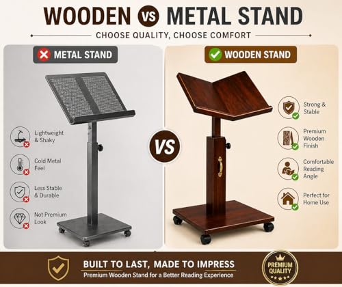 Image of Adjustable Wooden Quran Stand with Wheels | Premium Rehal for Quran Reading | Height Adjustable Book Holder for Namaz, Islamic Study & Prayer