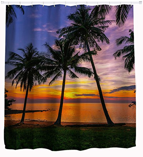 Goodbath Beach Palm Leaves Waterproof Polyester Fabric Bathroom Shower Curtain Set with Hooks, 72 x 78 Inch, Dark Green Orange Blue Purple