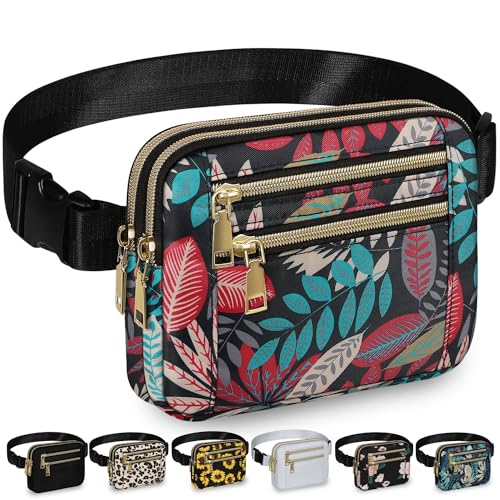 Image of Fanny Packs for Women 4 Zip Pocket Crossbody Belt Bag Waist Bags | Waterproof, Fashion Waist Pack, Crossbody Bags for Women, with Adjustable Strap, for Workout,Running,Traveling(Red Leaves,M)