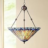 Peacock Glass Bronze Tiffany Style Pendant Chandelier 20' Wide Stained Glass 3-Light Fixture for...