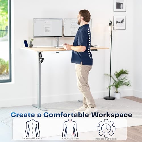 Image of VIVO Electric 63 x 32 in Standing Desk, Memory Height Adjustment, 1B Series, Holds 220 lbs, Light Wood Top Gray Frame, DESK-KIT-1G1C