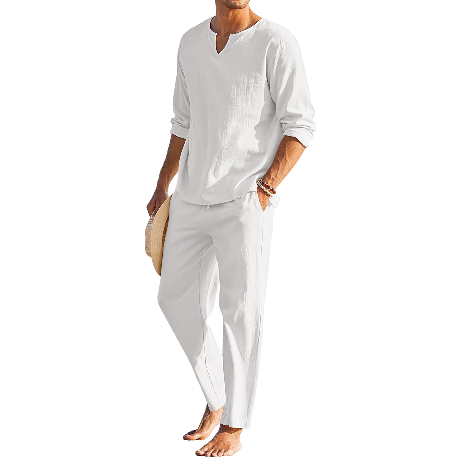 Geagodelia Conjunto de verano para hombre de 2 piezas casual para playa, mono completo de algodón y lino, camiseta de manga larga + pantalones con cordón, conjunto de hombres