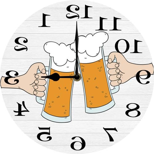 Vdenvileye Beer Reverse Wall Clock Counterclockwise Wall Clock Backwards Running Time Mirrored Wooden Clocks Funny Gift for Man Cave Garage Decor 25 CM Silent Battery Operated