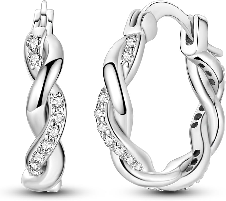 Parmuz 925 Sterling Silver Earrings Hoops for Women Ladies Simple Lightweight Twisted Medium Hoop Earrings With Cubic Zirconia Hypoallergenic Jewelry for Her