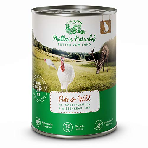 MÜLLER'S NATURHOF – Pute | Nassfutter mit natürlichen Zutaten und wertvollen Superfoods für ausgewachsene Katzen. Getreidefreies Alleinfutter ohne Zusatzstoffe in der Dose | 12x400g Pute