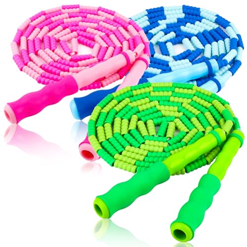 Jump Rope for Kids, 9 Ft Adjustable Jump Ropes for 4 5 6 7 8 10 12, Segmented Soft Beaded Jumping Rope Age 8-12, Tangle Free Skipping Rope for Women Man Fitness Weight Loss - Green, Pink, Blue