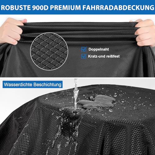 Fahrradabdeckung für 2 Fahrräder - 900D Fahrradschutzhülle PU-Beschichtung Außenbereich Wasserdicht & Strapazierfähig Fahrradplane mit 6M Elastisches Seil Passend für Fahrradträger am Auto