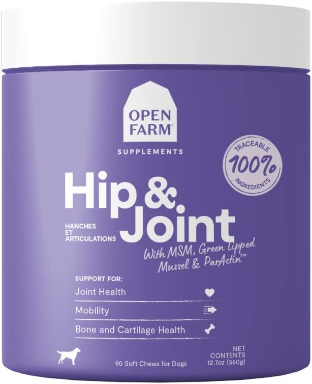 Open Farm Hip & Joint Chews, Dog Supplement, Dog Vitamins, Supports Joint Health and Mobility Using Traceable and Vet-Approved Ingredients, 12.7 oz, 90 Count