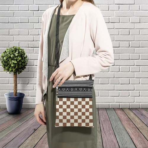 Brown Plaid Messenger Bag Small Ethnic Pattern Printed Adjustable Strap Crossbody Zipper Bag Brown Plaid Phone Bag Wallet Cute Shoulder Handbag for Women3