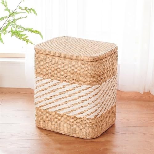 Taburete otomano de mimbre tejido a mano, decoración de granja para sala de estar, reposapiés multiusos y mesa auxiliar con cesta de almacenamiento