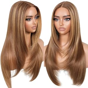 Wear and Go Glueless Wigs Pre Plucked Pre Cut for Beginners Honey Blonde Synthetic Lace Front Wigs For Woman Long layered straight Wigs with bangs 427 middle part wig 26 Inch
