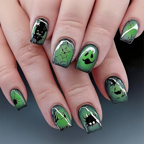 Halloween Press on Nails Short Square Fake Nails with Design Glow...