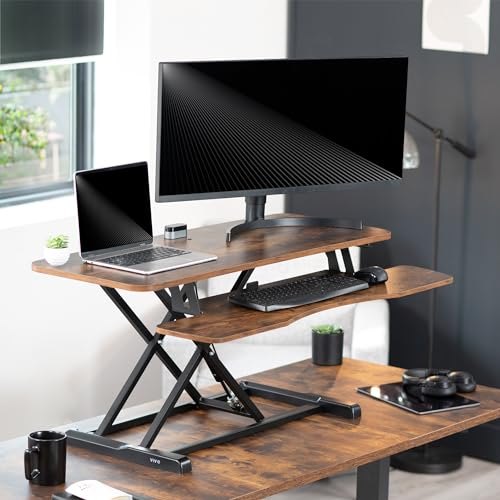 Image of VIVO 42 inch Desk Converter, K Series, Height Adjustable Sit to Stand Riser, Dual Monitor and Laptop Workstation with Wide Keyboard Tray, Rustic Vintage Brown Top, Black Frame, DESK-V042KN
