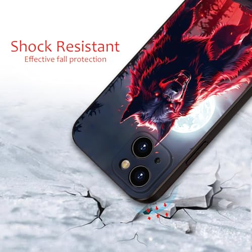 Printed with Wolf for iPhone 14 case, Under The Full Moon, The Wolf King with Untamed Power and Radiating Red Eyes - Silicone Shockproof Case (A1-Wolfs-Animal)